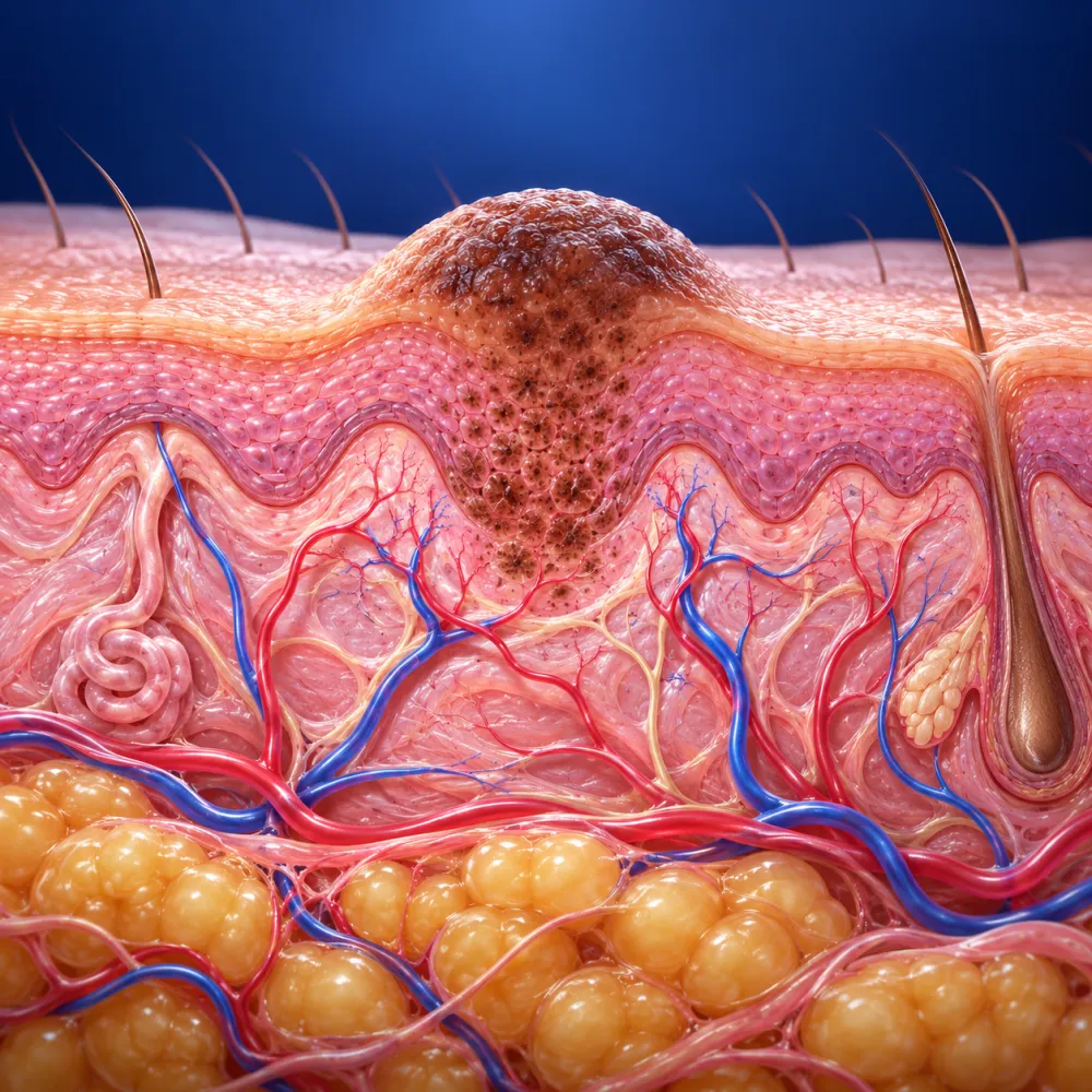 Illustrazione anatomica in sezione della pelle con una neoformazione cutanea, follicoli, vasi sanguigni e tessuto adiposo