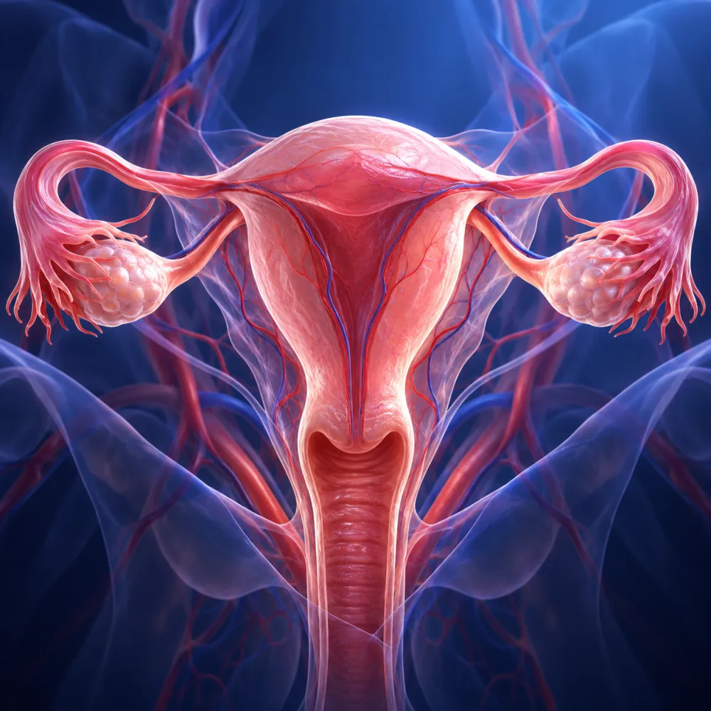 Illustrazione anatomica dell’apparato genitale femminile: utero, tube e ovaie