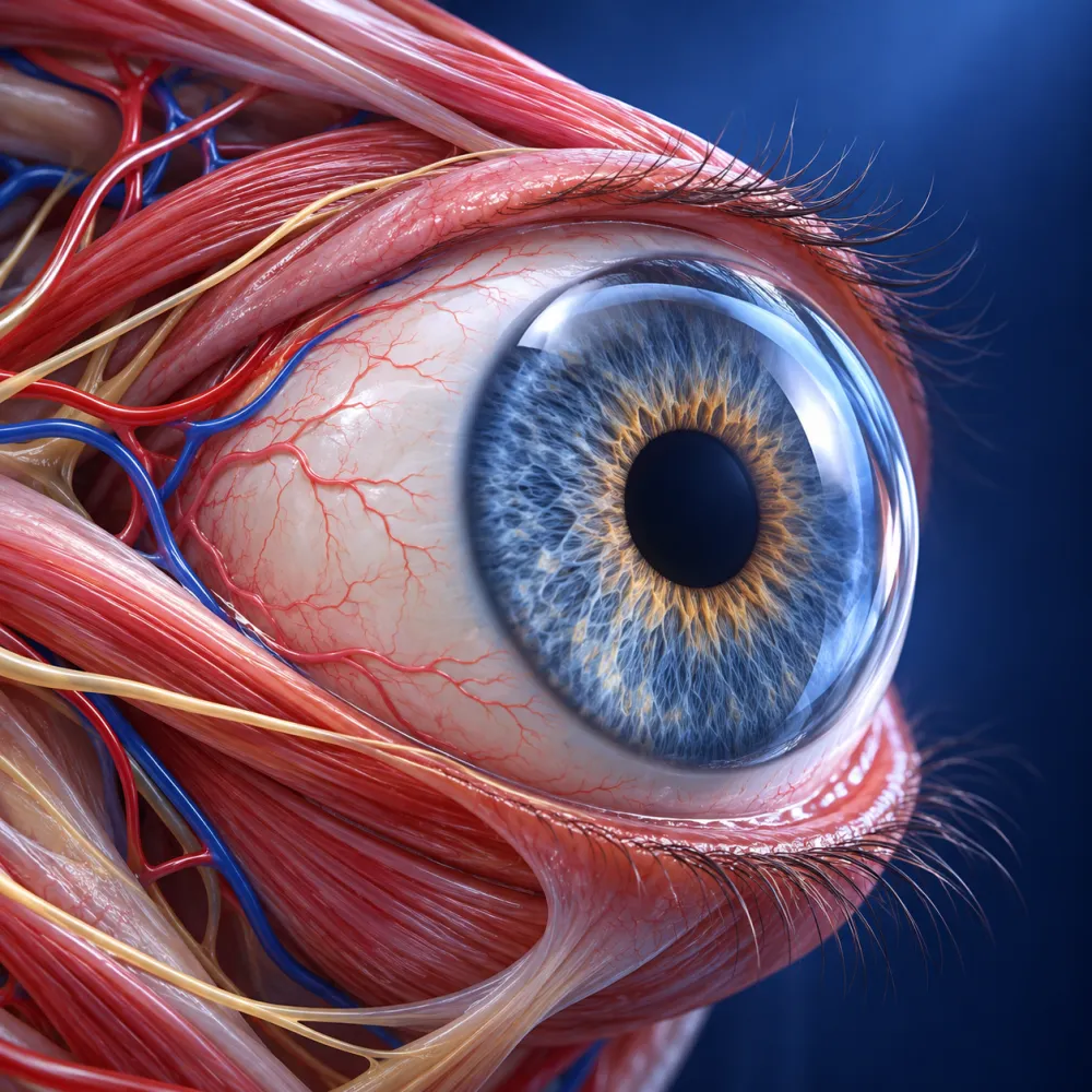 Illustrazione anatomica dell’occhio umano con iride, muscoli oculari e vasi sanguigni