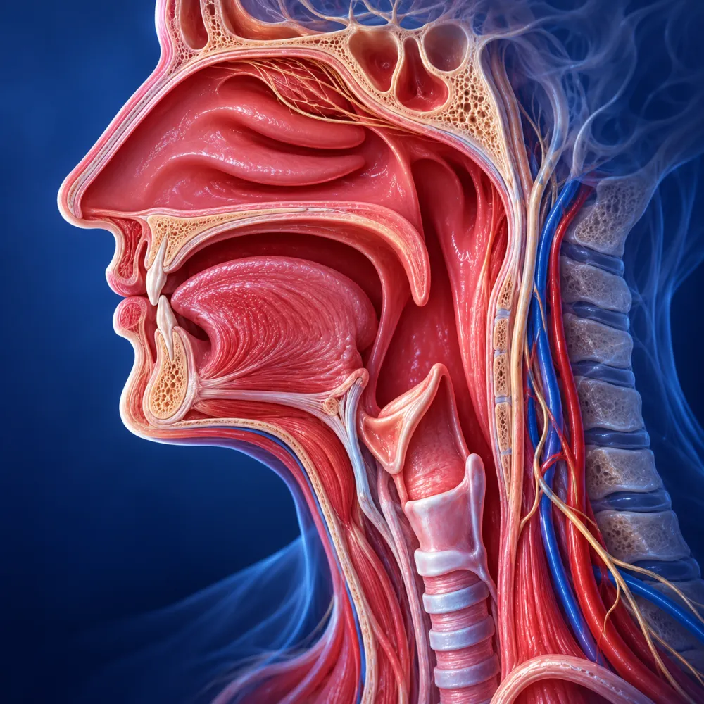 Illustrazione anatomica in sezione di naso, cavità orale, faringe e laringe