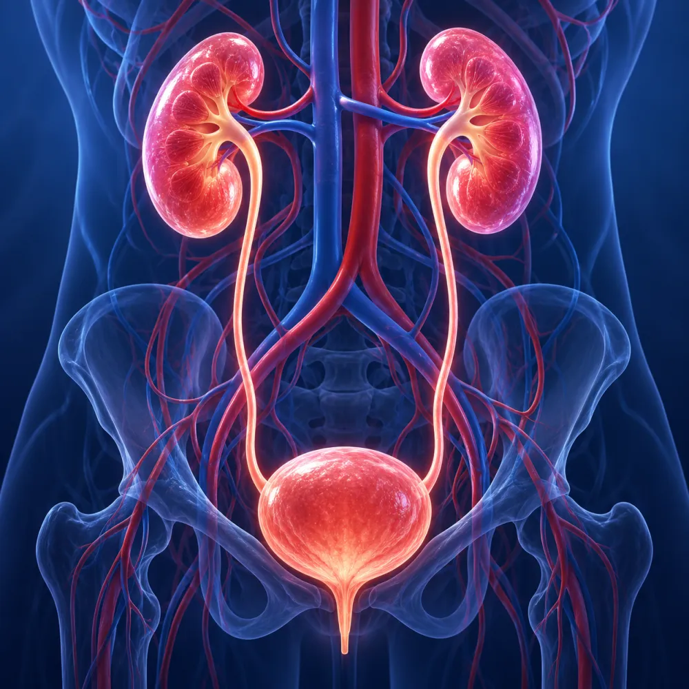 Illustrazione anatomica dell’apparato urinario: reni, ureteri e vescica